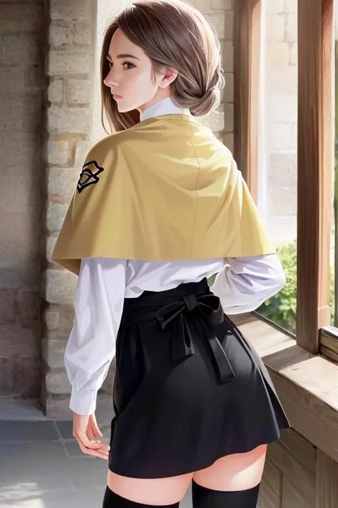 (((photorealistic, hyper-realistic, RAW photo:1.2))),masterpiece, best quality, intricate details, 8k uhd, perfect face, perfect eyes, (from behind) back , ass, yellow capelet, hair bow, white shirt, garreg mach monastery uniform, black skirt, thighhighs <lora:mercedes-nvwls-v1:0.9>,
