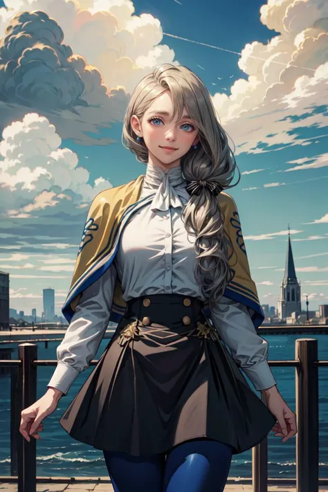 masterpiece, best quality, cowboy shot ,realistic, best quality, masterpiece, realistic ,<lora:more_details:0.5>,<lyco:GoodHands-beta2:1>, defMercedes, capelet, hair bow, white shirt, black skirt, blue leggings, upper body, standing, large breasts, cathedral, sky, cloud, outdoors, smile, serene, hands to heart  <lora:mercedes-nvwls-v2:0.8>. Atmospheric Perspective,stylish pose