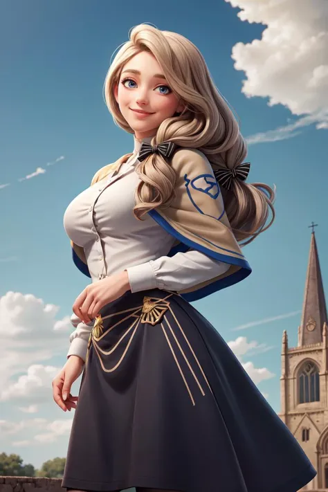 masterpiece, best quality, cowboy shot ,realistic, best quality, masterpiece, realistic ,<lora:more_details:0.5>,<lyco:GoodHands-beta2:1>, defMercedes, capelet, hair bow, white shirt, black skirt, blue leggings, upper body, standing, large breasts, cathedral, sky, cloud, outdoors, smile, serene, hands to heart <lora:mercedes-nvwls-v2:0.8>. Atmospheric Perspective,stylish pose