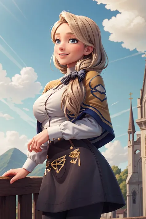 masterpiece, best quality, cowboy shot ,realistic, best quality, masterpiece, realistic ,<lora:more_details:0.5>,<lyco:GoodHands-beta2:1>, defMercedes, capelet, hair bow, white shirt, black skirt, blue leggings, upper body, standing, large breasts, cathedral, sky, cloud, outdoors, smile, serene, hands to heart  <lora:mercedes-nvwls-v2:0.8>. Atmospheric Perspective,stylish pose