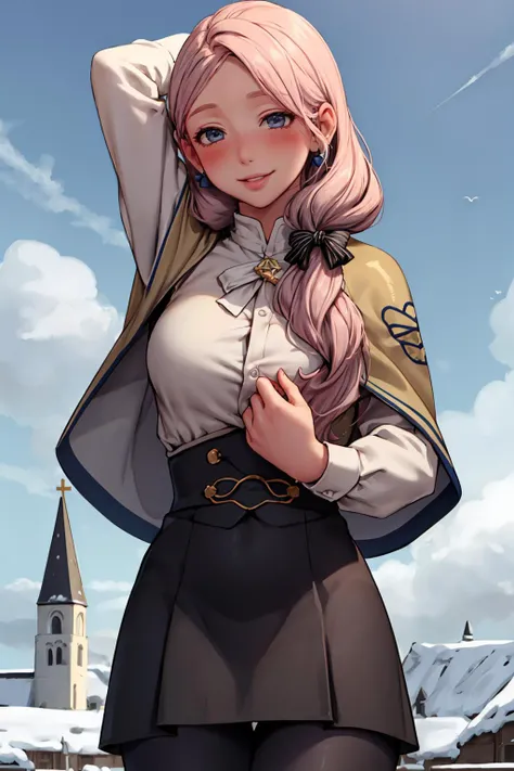 nsfw:0.6,(masterpiece),(intricate details),<lora:mercedes-nvwls-v2-final:0.7> defMercedes, capelet, hair bow, white shirt, black skirt, blue leggings, upper body, standing, large breasts, cathedral, sky, cloud, outdoors,sexy smile, serene, many pink hearths around her head, blush