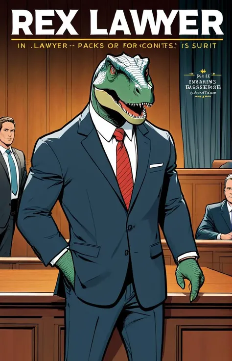 a comic cover of a dinosaur in a suit in court,  text "Rex Lawyer", outline, best quality, masterpiece, cbcmkrsdxl, comics logo,  <lora:cbcmkrsdxl:0.8>, business suit,