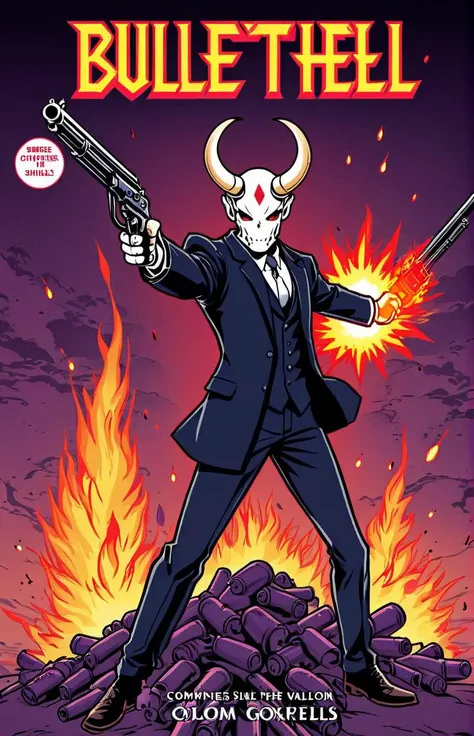 a stylized comic book cover of a horned man firing a gun,  text " bullet hell", outline, best quality, masterpiece,  <lora:cbcmkrsdxl:1>, cbcmkrsdxl, comics logo, dark , gloomy, bullet shells, action, business suit,