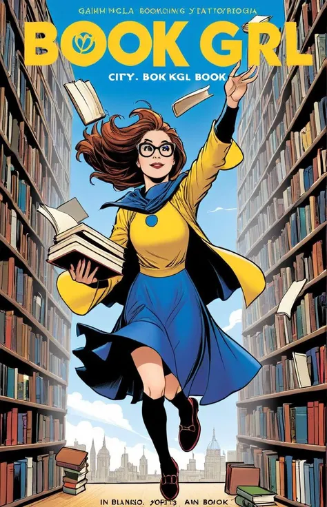 a comic cover of a woman in costume throwing books, text "Book-Girl", outline, best quality, masterpiece, cbcmkrsdxl, comics logo,  <lora:cbcmkrsdxl:0.9>,  city, bag of books