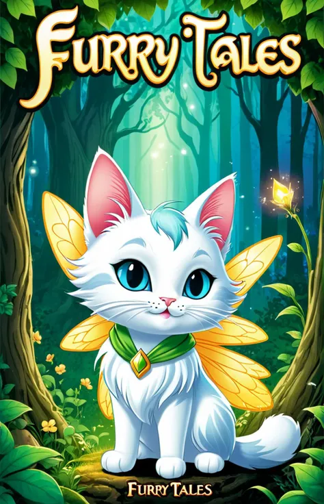 a comic cover of a cartoon cat dressed as a fairy, text "Furry Tales", outline, best quality, masterpiece, cbcmkrsdxl, comics logo,  <lora:cbcmkrsdxl:0.8>,  magical forest, magic powers