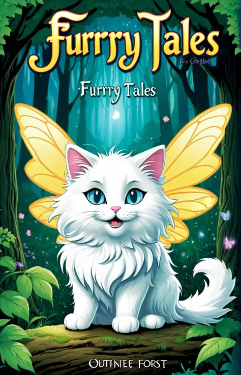 a comic cover of a cartoon of a fluffy cat dressed as a fairy, text "Furry Tales", outline, best quality, masterpiece, cbcmkrsdxl, comics logo, <lora:cbcmkrsdxl:0.8>, magical forest,