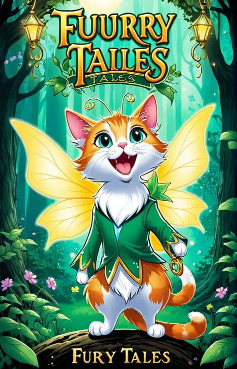 a comic cover of a cartoon cat dressed as a fairy, text "Furry Tales", outline, best quality, masterpiece, cbcmkrsdxl, comics logo, <lora:cbcmkrsdxl:0.8>, magical forest, magic powers