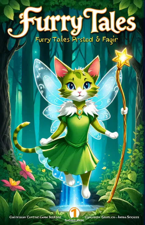 a comic cover of a cartoon cat dressed as a fairy, text "Furry Tales", outline, best quality, masterpiece, cbcmkrsdxl, comics logo,  <lora:cbcmkrsdxl:0.8>,  magical forest, magic powers