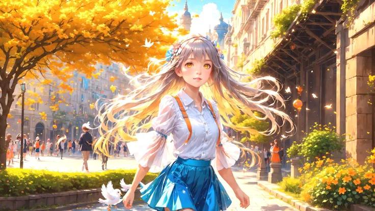 best quality,masterpiece,highres, extremely detailed CG, perfect lighting, 8k wallpaper,detailed background,
Lots of flowers in the city,(Fountains, Flying Pigeons, park benches, colorful umbrellas, Small animal, streams:0.8)
Take a walk in the city
(1girl ),(kawaii, cute, Very beautiful Brownish-yellow eyes, , solo, Long silver hair with hair accessories, happy, puffy_sleeves, Short-sleeved white shirt, Blue strap, Shiny skin, Short orange skirt,upper body, close-up,  large breats:1.3)
 fantasy,anime