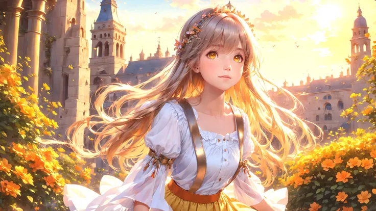 best quality,masterpiece,highres, extremely detailed CG, perfect lighting, 8k wallpaper,detailed background,
(Lots of flowers in the city:0.9),(Fountains, Flying Pigeons, park benches, colorful umbrellas, Small animal, streams:0.8)
(On the highest floor of the bell tower,In the bell tower:1.4)
(1girl ),(kawaii, cute, Very beautiful Brownish-yellow eyes, , solo, Long silver hair with hair accessories, happy, puffy_sleeves, Short-sleeved white shirt, Blue strap, Shiny skin, Short orange skirt,upper body, close-up, large breats:1.3)
fantasy,anime,(Watch the sunrise in the early morning:1.3),Sunrise