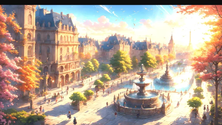 best quality,masterpiece,highres, extremely detailed CG, perfect lighting, 8k wallpaper,detailed background,
(Lots of flowers in the city:0.9),(Fountains, Flying Pigeons, park benches, colorful umbrellas, Small animal, streams:0.8)
(Sunrise:1.2),big sun,(from_above:1.5)
 fantasy,anime,