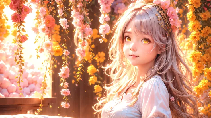 best quality,masterpiece,highres, extremely detailed CG, perfect lighting, 8k wallpaper, RAW photo,detailed background,
(indoors:1.1), A pink room with of flowers for a cute girl
(1girl ),(kawaii, cute, Very beautiful Brownish-yellow eyes, 14 yea, Long silver hair with hair accessories, happy, puffy_sleeves, Short-sleeved white shirt, Blue strap, Shiny skin, jeggings, large breats:1.3)
octane render, mysterious, fantasy,