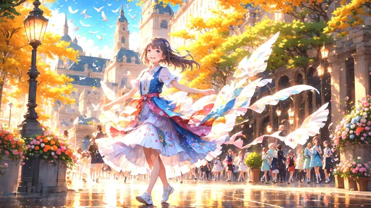 best quality,masterpiece,highres, extremely detailed CG, perfect lighting, 8k wallpaper,detailed background,
Lots of flowers in the city,(Fountains, Flying Pigeons, park benches, colorful umbrellas, Small animal, streams:0.8)
Dancing in the streets
(sole,upper_body,a very cute little dancing gir:1.2)l,smile
fantasy,anime