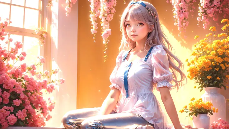 best quality,masterpiece,highres, extremely detailed CG, perfect lighting, 8k wallpaper, RAW photo,detailed background,
(indoors:1.1),(Look out the window:1.2) A pink room with of flowers for a cute girl
(1girl ),(kawaii, cute, Very beautiful Brownish-yellow eyes, 14 yea, Long silver hair with hair accessories, happy, puffy_sleeves, Short-sleeved white shirt, Blue strap, Shiny skin, jeggings, large breats:1.3)
octane render, mysterious, fantasy,