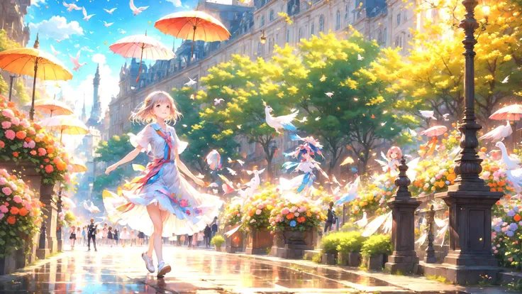 best quality,masterpiece,highres, extremely detailed CG, perfect lighting, 8k wallpaper,detailed background,
Lots of flowers in the city,(Fountains, Flying Pigeons, park benches, colorful umbrellas, Small animal, streams:0.8)
On the street,
(sole,a very cute little dancing gir:1.2)l,smile
 fantasy,anime