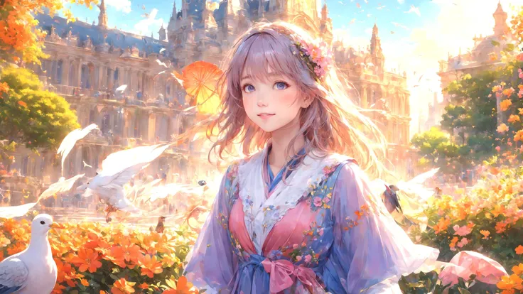 best quality,masterpiece,highres, extremely detailed CG, perfect lighting, 8k wallpaper,detailed background,
Lots of flowers in the city,(Fountains, Flying Pigeons, park benches, colorful umbrellas, Small animal, streams:0.8)
(1girl,close-up,close shot,upper body, a happy expression:1.3)
fantasy,anime,afternoon,The setting sun