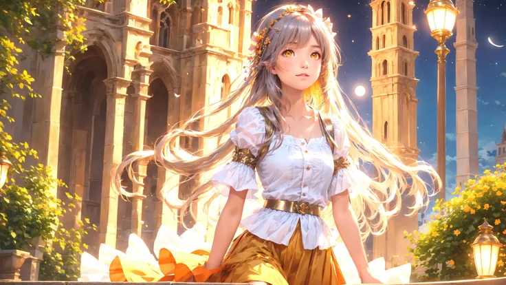 best quality,masterpiece,highres, extremely detailed CG, perfect lighting, 8k wallpaper,detailed background,
(Lots of flowers in the city:0.9),(Fountains, Flying Pigeons, park benches, colorful umbrellas, Small animal, streams:0.8)
(On the highest floor of the bell tower:1.5)
(1girl ),(kawaii, cute, Very beautiful Brownish-yellow eyes, , solo, Long silver hair with hair accessories, happy, puffy_sleeves, Short-sleeved white shirt, Blue strap, Shiny skin, Short orange skirt,upper body, close-up, large breats:1.3)
fantasy,anime,(At night:1.5),(moon:1.3)