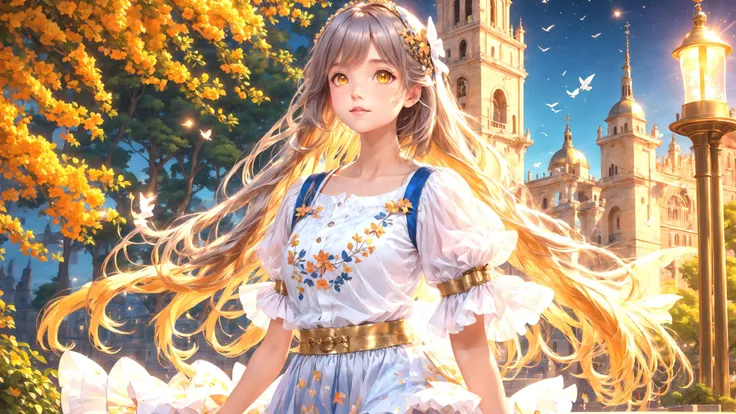 best quality,masterpiece,highres, extremely detailed CG, perfect lighting, 8k wallpaper,detailed background,
(Lots of flowers in the city:0.9),(Fountains, Flying Pigeons, park benches, colorful umbrellas, Small animal, streams:0.8)
(Under the bell tower:1.5)
(1girl ),(kawaii, cute, Very beautiful Brownish-yellow eyes, , solo, Long silver hair with hair accessories, happy, puffy_sleeves, Short-sleeved white shirt, Blue strap, Shiny skin, Short orange skirt,upper body, close-up, large breats:1.3)
fantasy,anime,(At night:1.5)