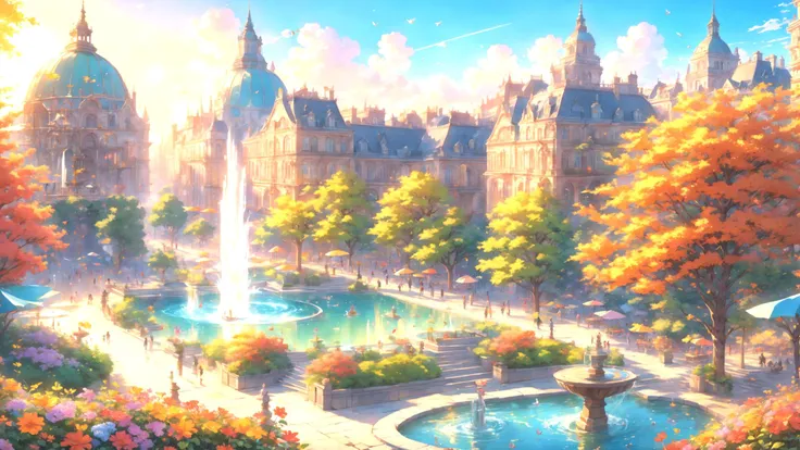 best quality,masterpiece,extremely detailed CG,, 8k wallpaper,detailed background,
(Lots of flowers in the city:0.9),(Fountains, Flying Pigeons, park benches, colorful umbrellas, Small animal, streams:0.8)
(Sunrise:1.2),big sun,(from_above:1.5),In very high places
 fantasy,anime,