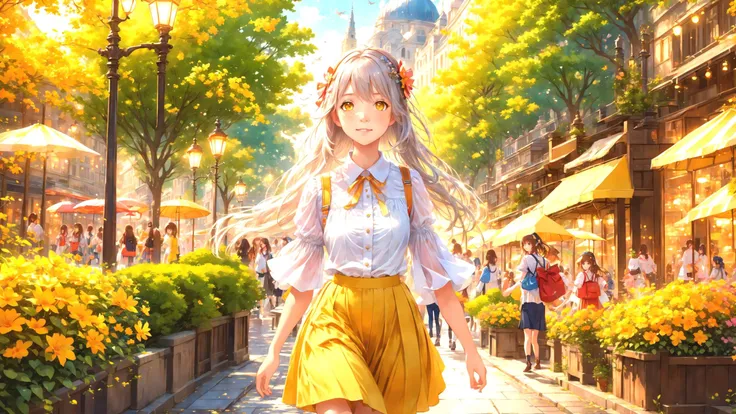 best quality,masterpiece,highres, extremely detailed CG, perfect lighting, 8k wallpaper,detailed background,
Lots of flowers in the city,(Fountains, Flying Pigeons, park benches, colorful umbrellas,Critters, streams, park, cafe.:0.9),Happy City
Take a walk in the city
(1girl ),(kawaii, cute, Very beautiful Brownish-yellow eyes, , solo, Long silver hair with hair accessories, happy, puffy_sleeves, Short-sleeved white shirt, Blue strap, Shiny skin, jeggings,upper body, close-up, large breats:1.3)
fantasy,anime