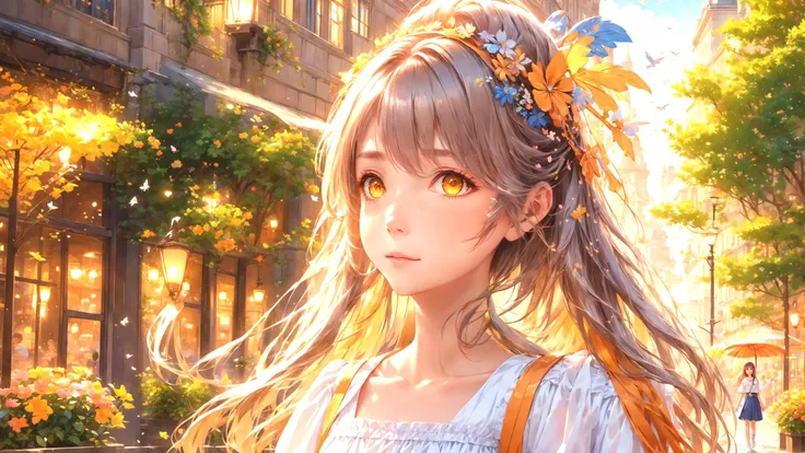 best quality,masterpiece,highres, extremely detailed CG, perfect lighting, 8k wallpaper,detailed background,
Lots of flowers in the city,(Fountains, Flying Pigeons, park benches, colorful umbrellas, Small animal, streams:0.8)
Take a walk in the city
(1girl ),(kawaii, cute, Very beautiful Brownish-yellow eyes, , solo, Long silver hair with hair accessories, happy, puffy_sleeves, Short-sleeved white shirt, Blue strap, Shiny skin, Short orange skirt,upper body, close-up,  large breats:1.3)
 fantasy,anime
