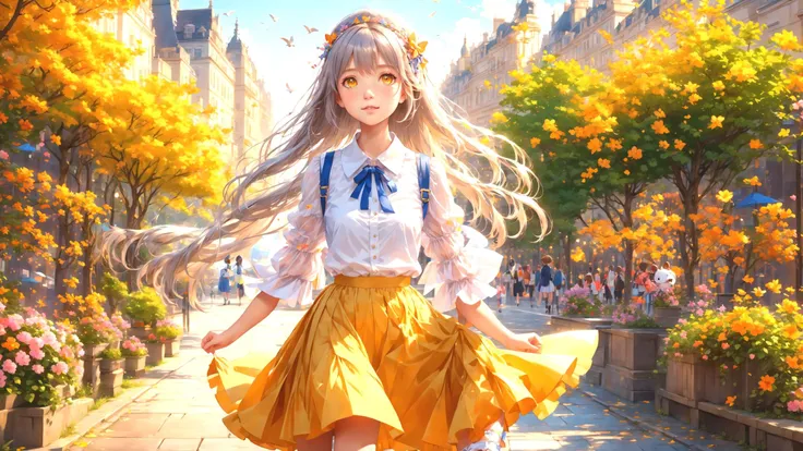 best quality,masterpiece,highres, extremely detailed CG, perfect lighting, 8k wallpaper,detailed background,
Lots of flowers in the city,(Fountains, Flying Pigeons, park benches, colorful umbrellas, Small animal, streams:0.8)
Take a walk in the city
(1girl ),(kawaii, cute, Very beautiful Brownish-yellow eyes, , solo, Long silver hair with hair accessories, happy, puffy_sleeves, Short-sleeved white shirt, Blue strap, Shiny skin, Short orange skirt,upper body, close-up, large breats:1.3)
fantasy,anime