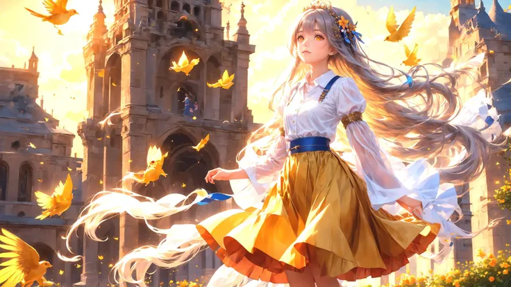 best quality,masterpiece,highres, extremely detailed CG, perfect lighting, 8k wallpaper,detailed background,
(Lots of flowers in the city:0.9),(Fountains, Flying Pigeons, park benches, colorful umbrellas, Small animal, streams:0.8)
(On the highest floor of the bell tower:1.5)
(1girl ),(kawaii, cute, Very beautiful Brownish-yellow eyes, , solo, Long silver hair with hair accessories, happy, puffy_sleeves, Short-sleeved white shirt, Blue strap, Shiny skin, Short orange skirt,upper body, close-up, large breats:1.3)
fantasy,anime,(At night:1.5),(moon:1.3)