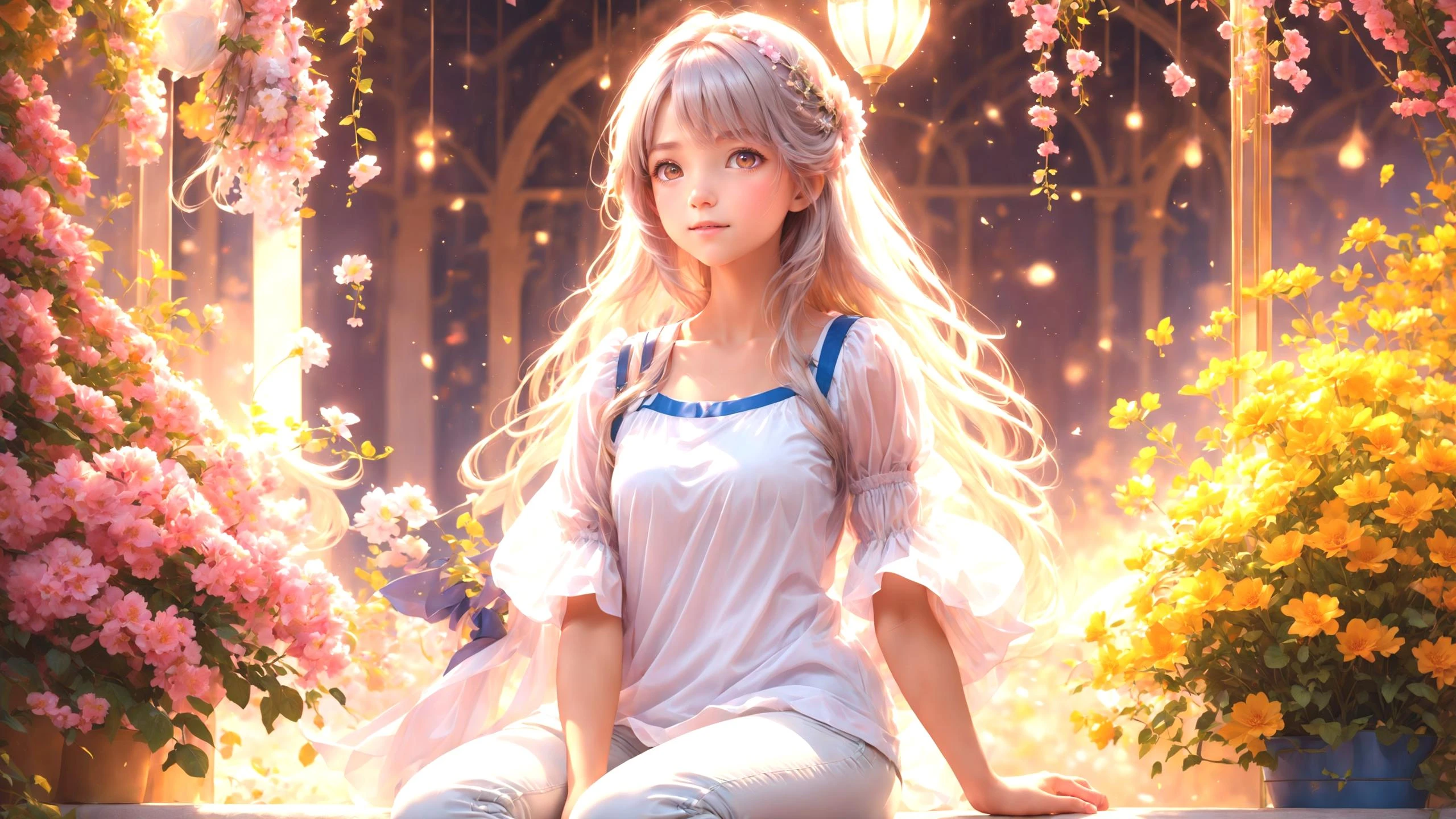 best quality,masterpiece,highres, extremely detailed CG, perfect lighting, 8k wallpaper, RAW photo,detailed background,
(indoors:1.1),(Look out the window:1.2) A pink room with of flowers for a cute girl
(1girl ),(kawaii, cute, Very beautiful Brownish-yellow eyes, 14 yea, Long silver hair with hair accessories, happy, puffy_sleeves, Short-sleeved white shirt, Blue strap, Shiny skin, jeggings, large breats:1.3)
octane render, mysterious, fantasy,