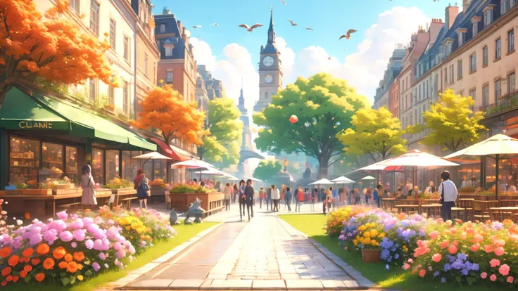 best quality,masterpiece,highres, extremely detailed CG, perfect lighting, 8k wallpaper, RAW photo,detailed background,
(Lots of flowers in the city:1.1),(Fountains, Flying Pigeons, park benches, colorful umbrellas,Critters, streams, park, cafe.:0.9),Happy City
daytime in the city of clowd,daytime in the city of clowd
octane render, mysterious, fantasy, anime