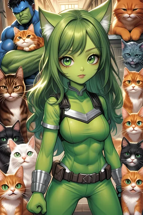 a close-up of a cat dressed as the Hulk, green suit, promotional art, digital fox, by Anne Stokes, by Nína Tryggvadóttir, jose miguel roman frances, angry-eyed cat, kawaii swat team, zenescope, by Benito Quinquela Martín , the cutest, half-fox, by Tomás Barceló
(masterpiece:1.2), (best quality:1.2), newest, ai-generated, ultra-detailed, best shadow, detailed background, high contrast, (best illumination, an extremely delicate and beautiful), ((cinematic light)), hyper detail, dramatic light, intricate details, 8k, anime, very aesthetic,