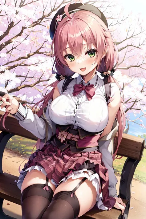 1girl, solo, best quality, sakura miko, white shirt, hat, black thighhighs, garter straps, plaid skirt, pink hair, green eyes, ahoge, low twintail, huge breasts, sleeveless, hair ornament, dynamic pose, outdoors, park, sitting on bench, black vest, smile, open mouth, <lora:Sakura_miko_v1.0:0.6>