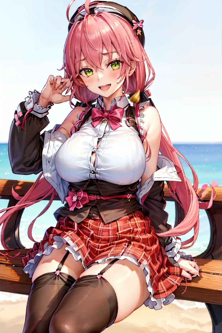 1girl, solo, best quality, sakura miko, white shirt, hat, black thighhighs, garter straps, plaid skirt, pink hair, green eyes, ahoge, low twintail, huge breasts, sleeveless, hair ornament, dynamic pose, outdoors, park, sitting on bench, black vest, smile, open mouth, <lora:Sakura_miko_v1.0:0.6>