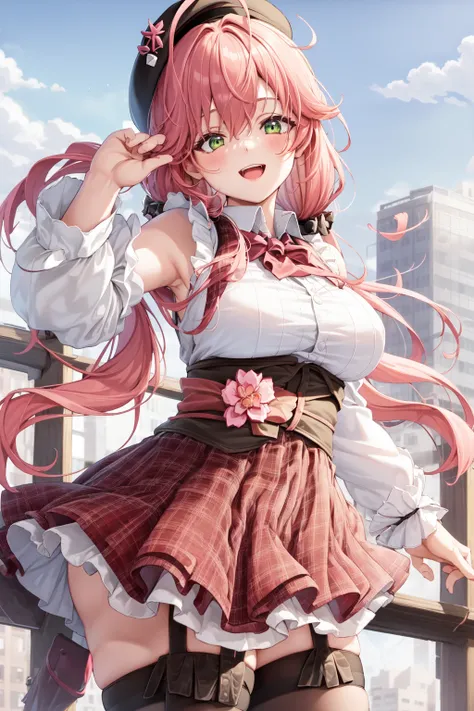 1girl, solo, best quality, sakura miko, white shirt, hat, black thighhighs, garter straps, plaid skirt, pink hair, green eyes, ahoge, low twintail, large breasts, sleeveless, hair ornament, dynamic pose, outdoors, city background, black vest, smile, open mouth, <lora:Sakura_miko_v1.0:0.6>