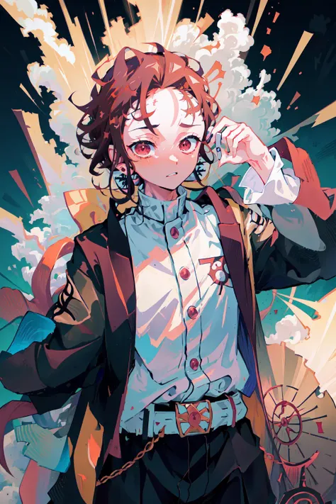 indignation,man,masterpiece, best quality,1boy,kamado_tanjirou, anger vein,frown,checkered, haori, japanese_clothes, earrings, scar, jewelry, scar_on_forehead, kamado_nezuko, long_sleeves, black_jacket, solo, white_belt, pants, uniform, belt,