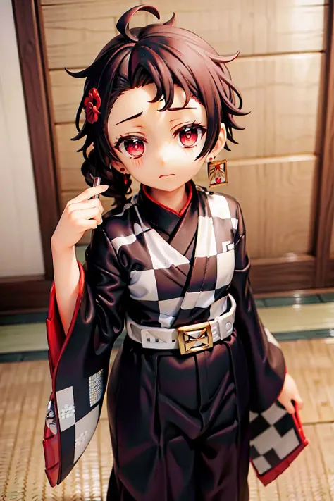 masterpiece, best quality,1boy,kamado_tanjirou, frown,checkered, haori, japanese_clothes, earrings, scar, jewelry, scar_on_forehead, kamado_nezuko, long_sleeves, black_jacket, solo, white_belt, pants, uniform, belt