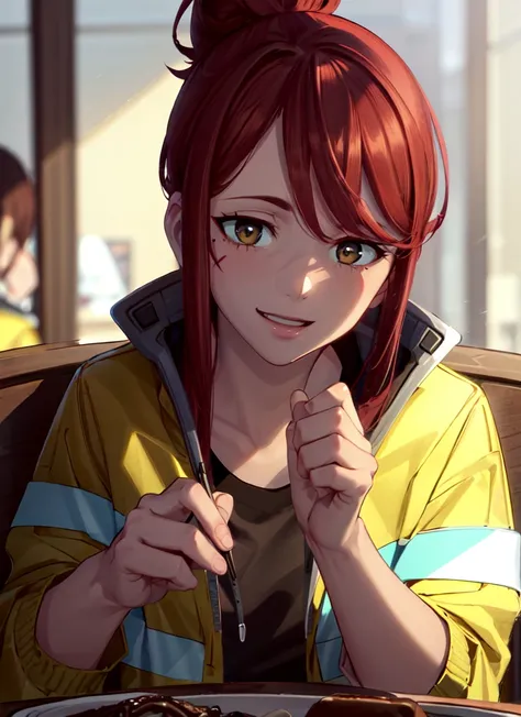 ((best quality)), ((highly detailed)), masterpiece, absurdres, extremely detailed face, beautiful face, (detailed eyes, deep eyes), (1girl), dynamic pose, upper body, <lora:hairdetailer:.8>, <lora:glorialion:.75>, gloriamartinez, mature female, brown hair, single hair bun, high ponytail, (brown eyes), (facial_mark:0.5), smiling, (yellow jacket), black shirt, pants, (inside, at a dining room)