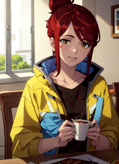 ((best quality)), ((highly detailed)), masterpiece, absurdres, extremely detailed face, beautiful face, (detailed eyes, deep eyes), (1girl), upper body, <lora:glorialion:.8>, gloriamartinez, mature female, brown hair, single hair bun, high ponytail, (brown eyes), (facial_mark:0.5), smiling, (yellow jacket), open jacket, black shirt, pants, (inside, at a dining room)