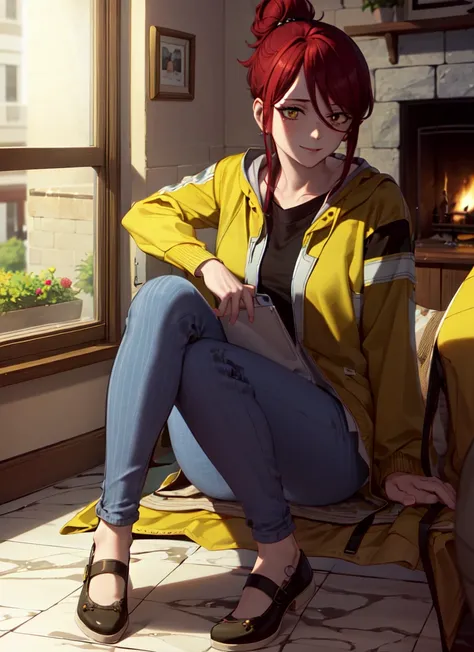 ((best quality)), ((highly detailed)), masterpiece, absurdres, detailed face, beautiful face, (detailed eyes, deep eyes), (1girl), dynamic pose, full body, <lora:hairdetailer:.7>, <lora:glorialion:.75>, gloriamartinez, mature female, brown hair, single hair bun, high ponytail, (brown eyes), (facial_mark:0.5), smiling, (yellow jacket), black shirt, pants, (indoors, in a living room)