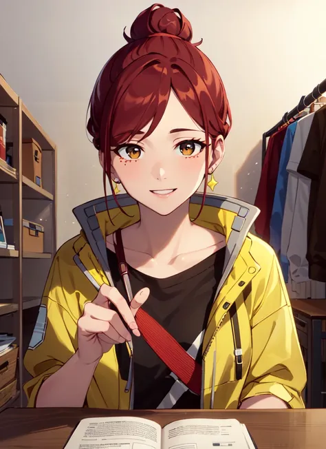 ((best quality)), ((highly detailed)), masterpiece, absurdres, extremely detailed face, beautiful face, (detailed eyes, deep eyes), (1girl), upper body, <lora:glorialion:.6>, gloriamartinez, mature female, brown hair, single hair bun, high ponytail, (brown eyes), (facial_mark:0.5), smiling, (yellow jacket), open jacket, black shirt, pants, (indoors, at a closet)