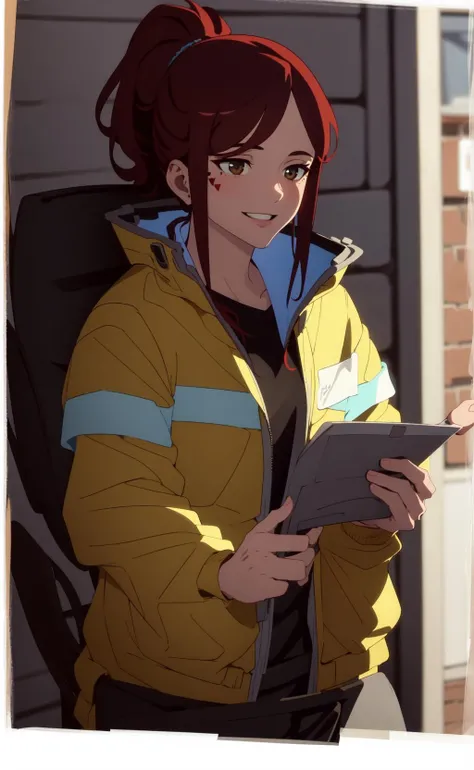 (masterpiece),best quality,Amazing,finely detail.Depth of field,beautiful detailed eyes,<lora:glorialion-000057:0.75>,mature female,1girl,gloriamartinez,cowboy shot,mature female,high ponytail,(facial_mark:0.5),brown_eyes,jacket,shirt,smile,