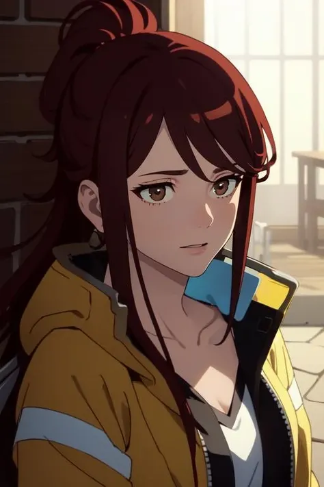 (masterpiece),best quality,Amazing,finely detail.Depth of field,beautiful detailed eyes,<lora:glorialion-000057:0.6>,mature female,1girl,gloriamartinez,mature female,narrowed eyes,brown eyes,cowboy shot,high ponytail,(facial_mark:0.5),brown_eyes,jacket,shirt,