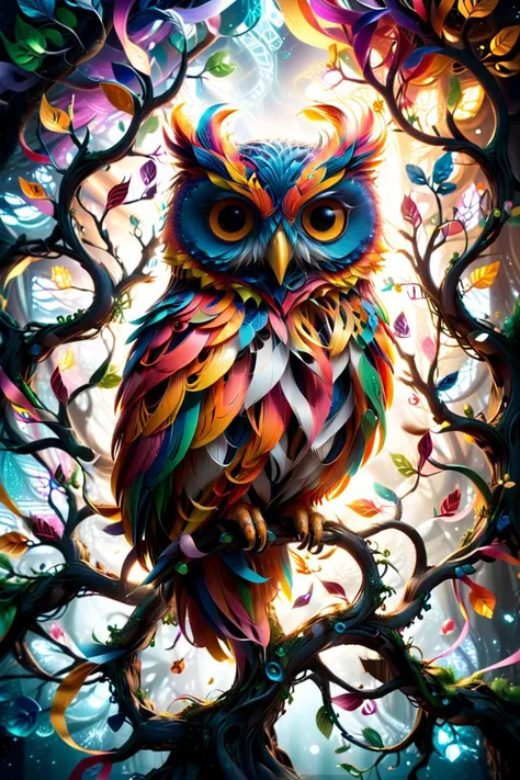 Picture a mystical owl entwined within the branches of the Tree of Life, set in a fantastical realm. This digital illustration blends anime and realistic styles, creating a surreal environment. The owl's feathers are adorned with bold, sinuous lines and colorful flowing ribbons, resembling swirling bands of magic. The scene is alive with wind and floating motes of light, capturing a regal and dreamlike essence with vivid, contrasting colors ral-paperstreamer<lora:ral-paperstreamer:0.8>  <lora:xl_more_art-full_v1:1>, (masterpiece:1.2), best quality, (hyperdetailed, highest detailed:1.2), high resolution textures, <lora:EnvyBetterHiresFixXL01:1>