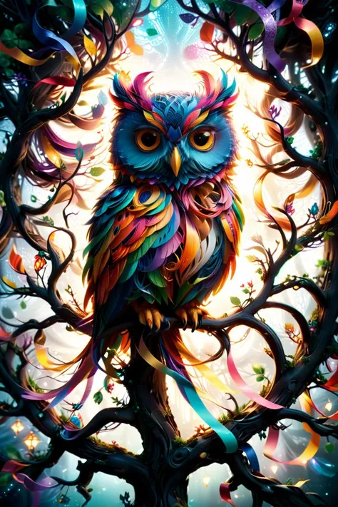 Picture a mystical owl entwined within the branches of the Tree of Life, set in a fantastical realm. This digital illustration blends anime and realistic styles, creating a surreal environment. The owl's feathers are adorned with bold, sinuous lines and colorful flowing ribbons, resembling swirling bands of magic. The scene is alive with wind and floating motes of light, capturing a regal and dreamlike essence with vivid, contrasting colors ral-paperstreamer<lora:ral-paperstreamer:0.8>  <lora:xl_more_art-full_v1:1>, (masterpiece:1.2), best quality, (hyperdetailed, highest detailed:1.2), high resolution textures, <lora:EnvyBetterHiresFixXL01:1>