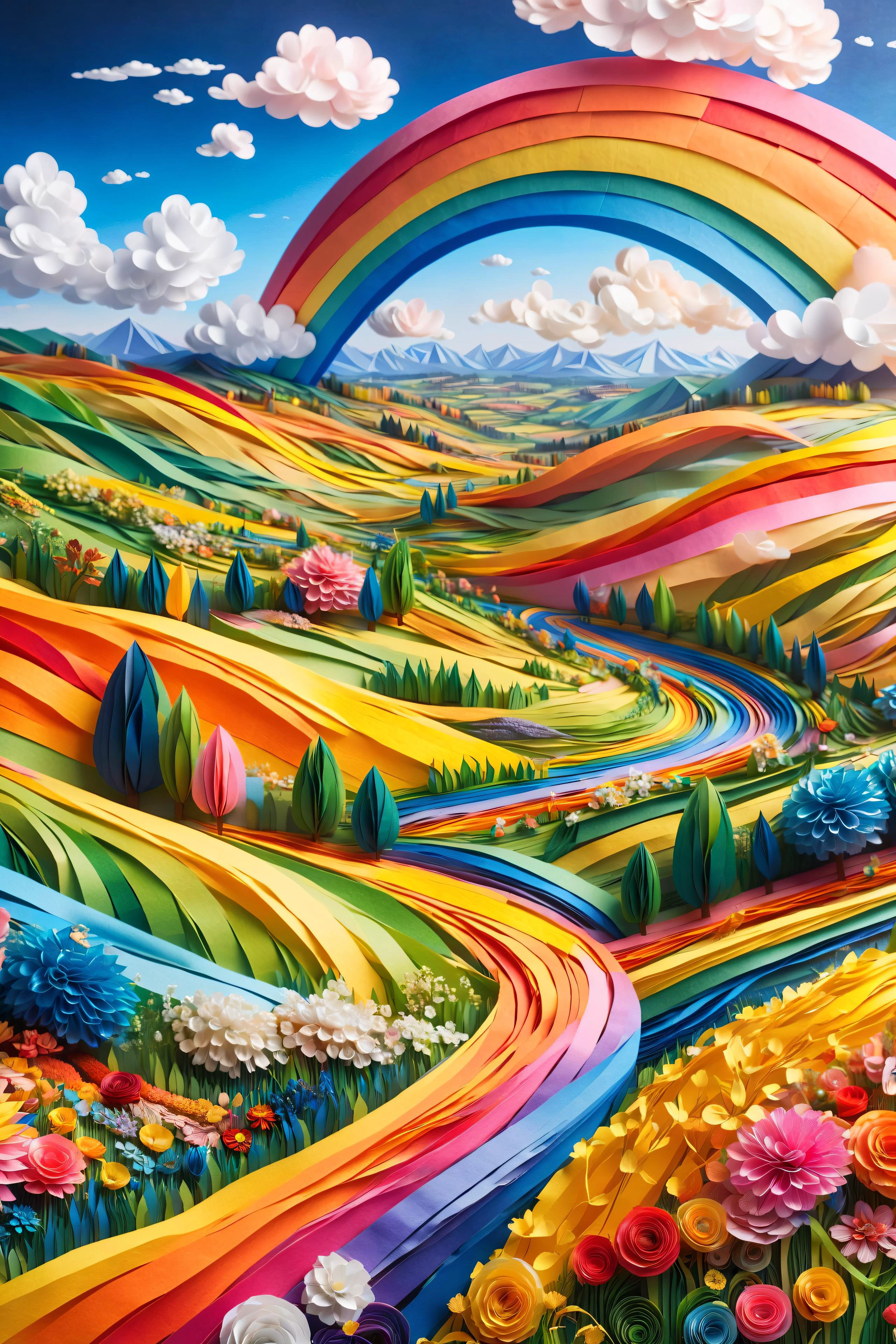 beautiful landscape, valley, flower, hills, small clouds, rainbow, ral-paperstreamer, illustration <lora:ral-paperstreamer:1>, (masterpiece:1.2), best quality, (hyperdetailed, highest detailed:1.2), high resolution textures, <lora:EnvyBetterHiresFixXL01:1>