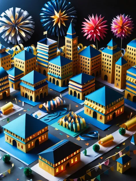 A bustling ral-paperstreamer city square at midnight, celebrating New Year 2024, with buildings and crowds adorned in ral-paperstreamer colors and textures <lora:ral-paperstreamer-sdxl:1> <lora:EnvyBetterHiresFixXL01:0:hr=1>