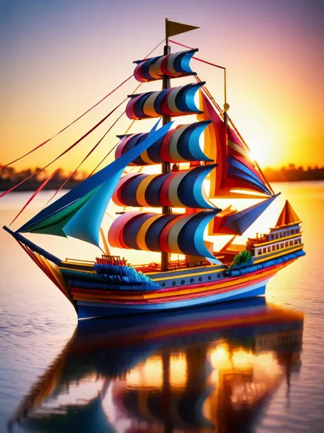 A majestic ral-paperstreamer sailing ship with its sails billowing navigating the first sunrise of the New Year <lora:ral-paperstreamer-sdxl:1> <lora:EnvyBetterHiresFixXL01:0:hr=1>