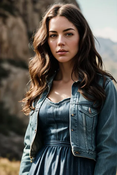 beautiful woman (K4yl4hZ4nd3r-410:.99), ((portrait)), (closeup:1.2), ((from the waist up)), ((( The Valley of the Lost :1.2 ))), natural skin texture, (( Tulle dress and a denim jacket :1.2)), 24mm, 4k textures, soft cinematic light, adobe lightroom, photolab, hdr, intricate, elegant, highly detailed, sharp focus, ((((cinematic look)))), soothing tones, insane details, intricate details, hyperdetailed, low contrast, soft cinematic light, exposure blend, hdr, faded, now, ("I've got a bad feeling about this.":1.1)