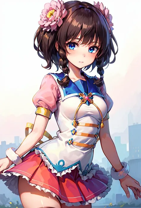 ((masterpiece, best quality)), 1girl, rinka, blue eyes, brown hair, short hair, twin braids, hair flower, black thighhighs, pink skirt, short sleeves <lyco:rinkaPopNMusic:0.7>