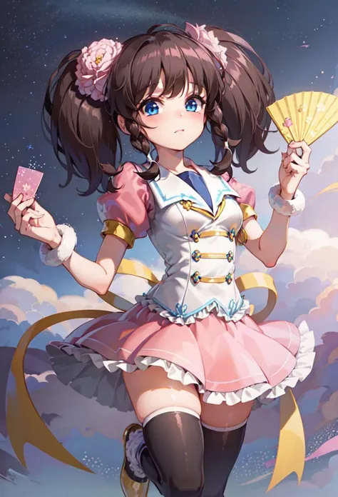 ((masterpiece, best quality)), 1girl, hand fan
rinka, blue eyes, brown hair, short hair, twintails, twin braids, hair flower, pink skirt, black thighhighs, short sleeves <lyco:rinkaPopNMusic:0.7>