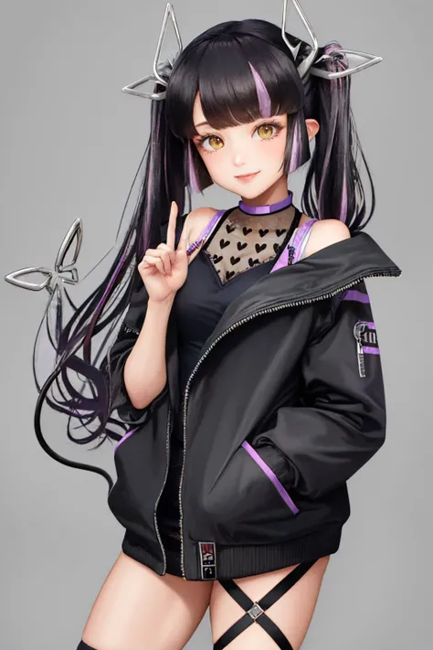 (masterpiece, best quality:1.2), <lyco:sugarlyric_kojo-12:1.0>, cowboy shot, solo, 1girl, kojodef, smile, looking at viewer, hand in pocket, twintails, open clothes, black jacket, off shoulder, sleeveless shirt, see-through shirt, heart print, leg ribbon, demon tail